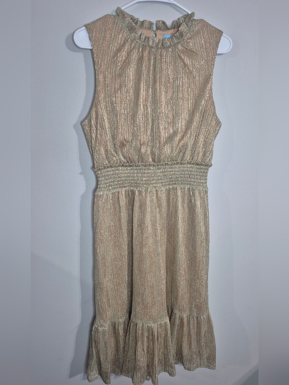 Draper James Size Medium Metallic Gold Ruffle Neck Smocked Waist Dress
